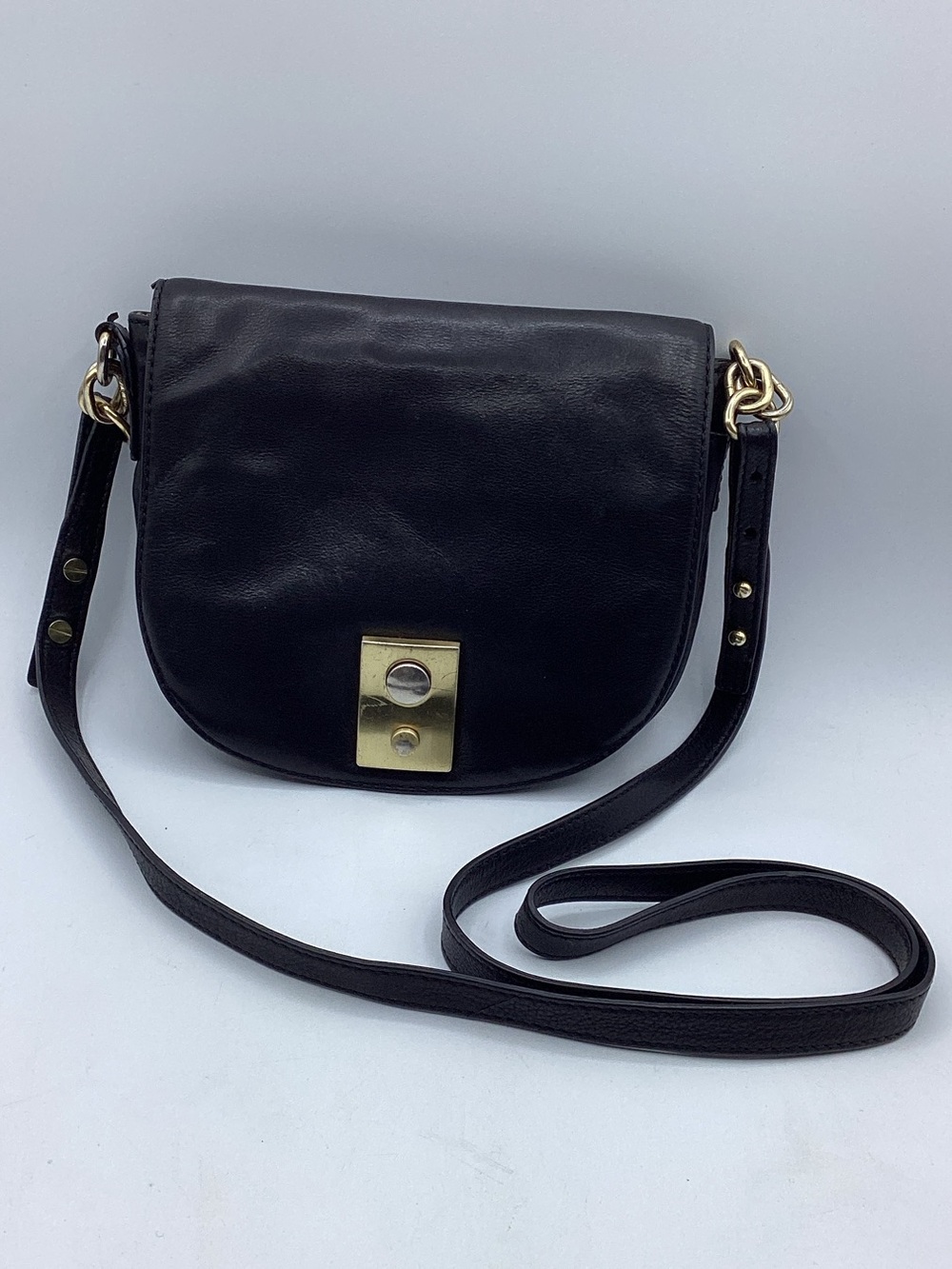 J. Crew Black Leather Saddle Crossbody with Gold-Tone Lock